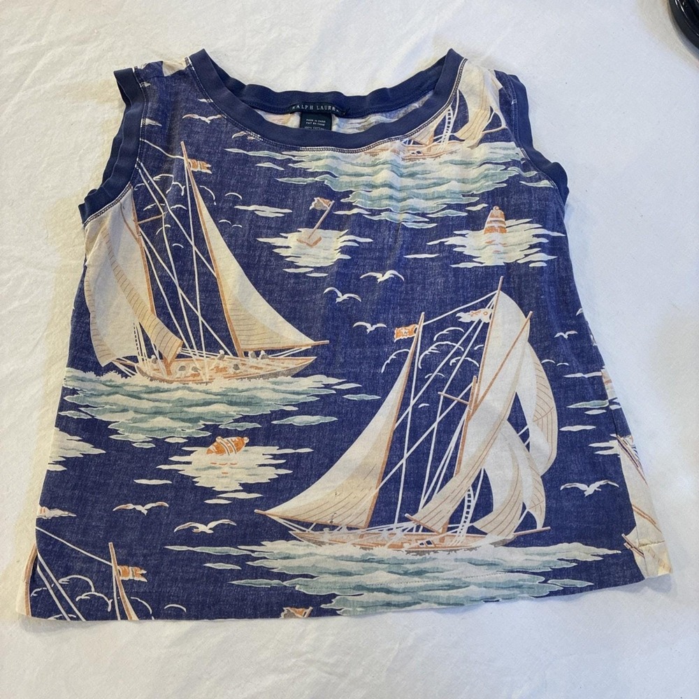 Ralph Lauren 90s Caldwell Sailboat Pattern Tank Top Mens Large Navy Blue